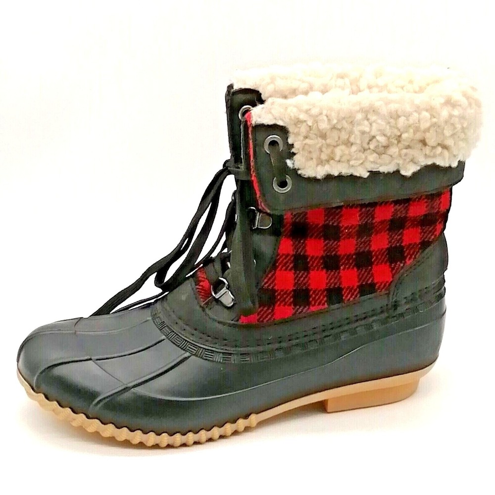Maurices Shoes Womens Jenna Red Plaid 7.5 Duck Boots Faux Fur‎ Lining Lace Up